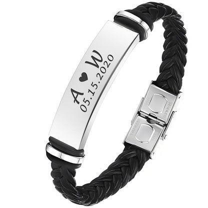 Njegova Priča - personalizovana muška narukvica od nerdjajućeg čelika i kože